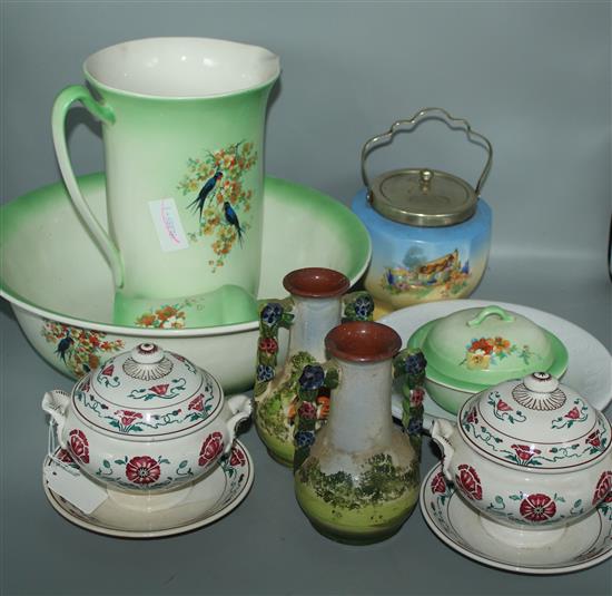 A pottery washstand set, a pair of Villeroy & Boch tureens and other items